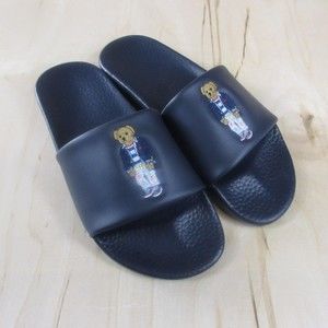Polo Ralph Lauren BIG POLO BEAR Sandals Navy Blue Pool Slides Mens Size 11